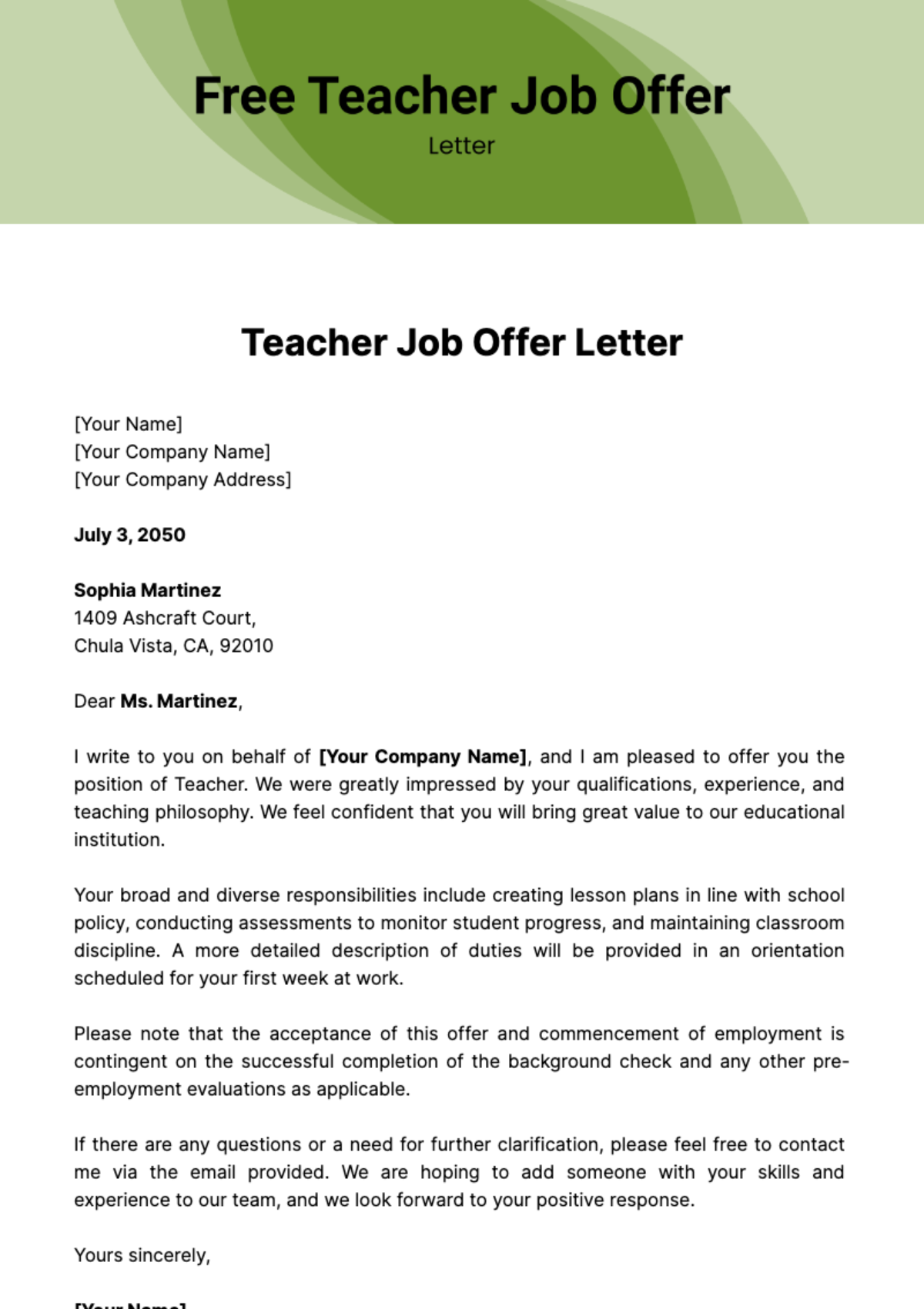Free Teacher Job Offer Letter Template