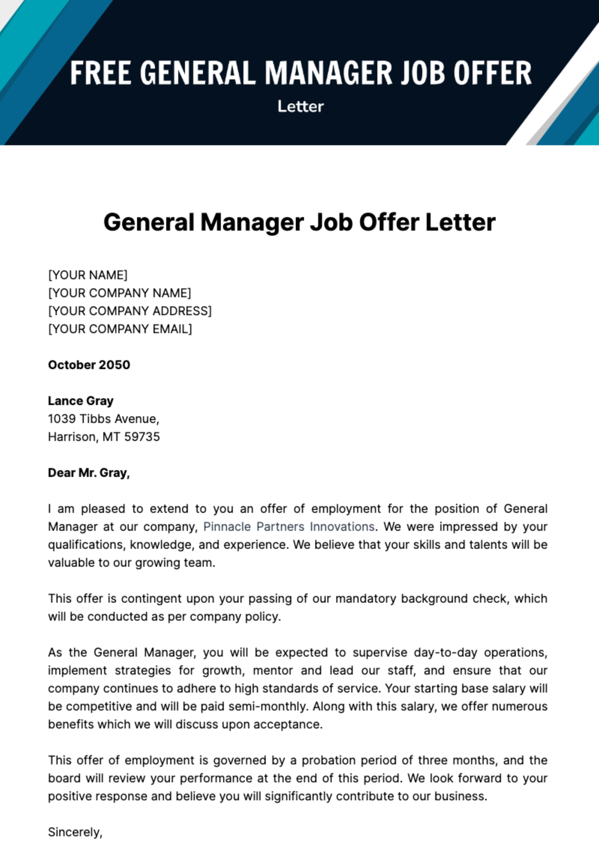 Free General Manager Job Offer Letter Template