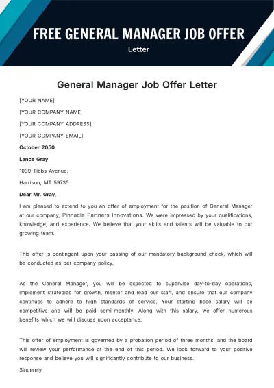Free General Manager Job Offer Letter Template to Edit Online