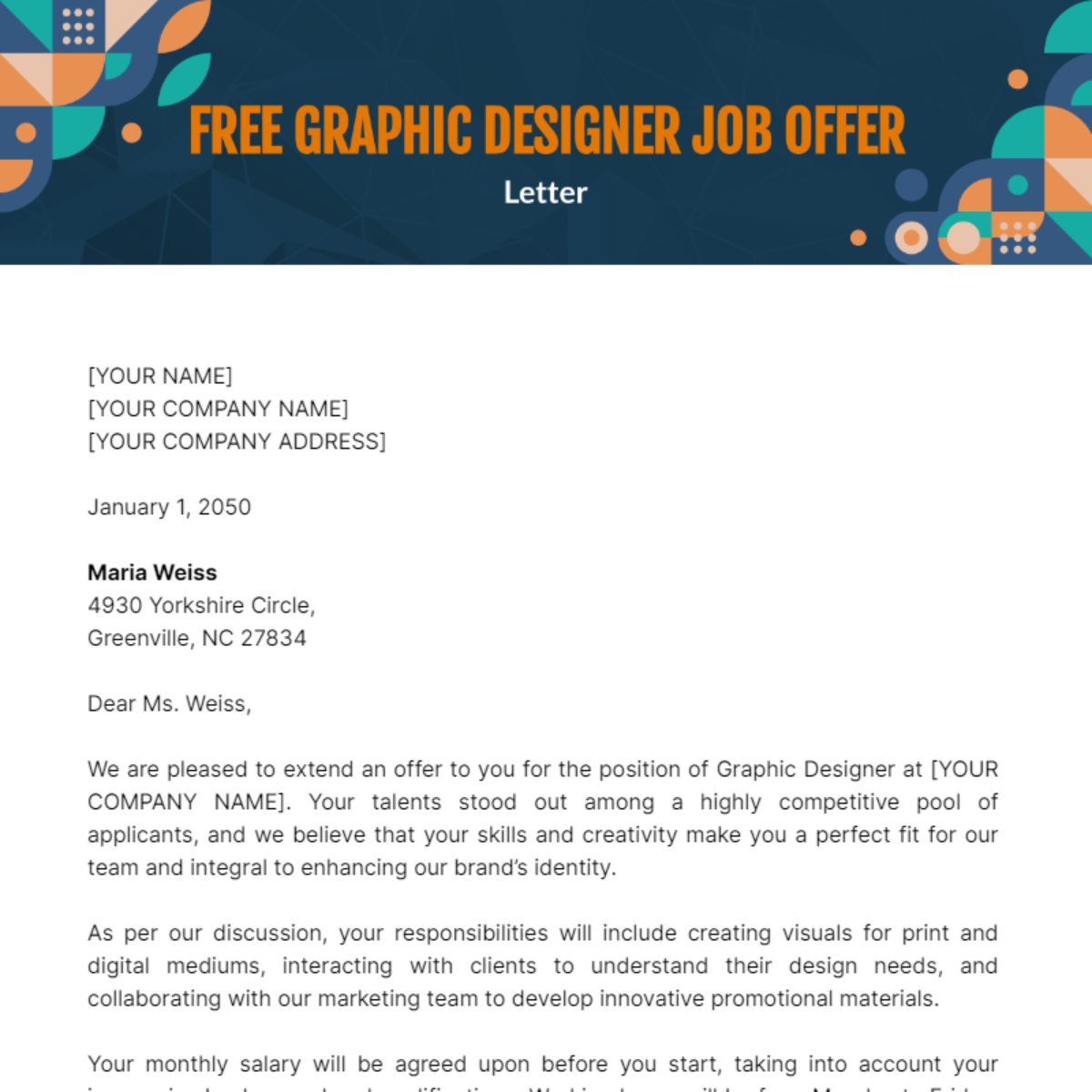 Graphic Designer Job Offer Letter Template