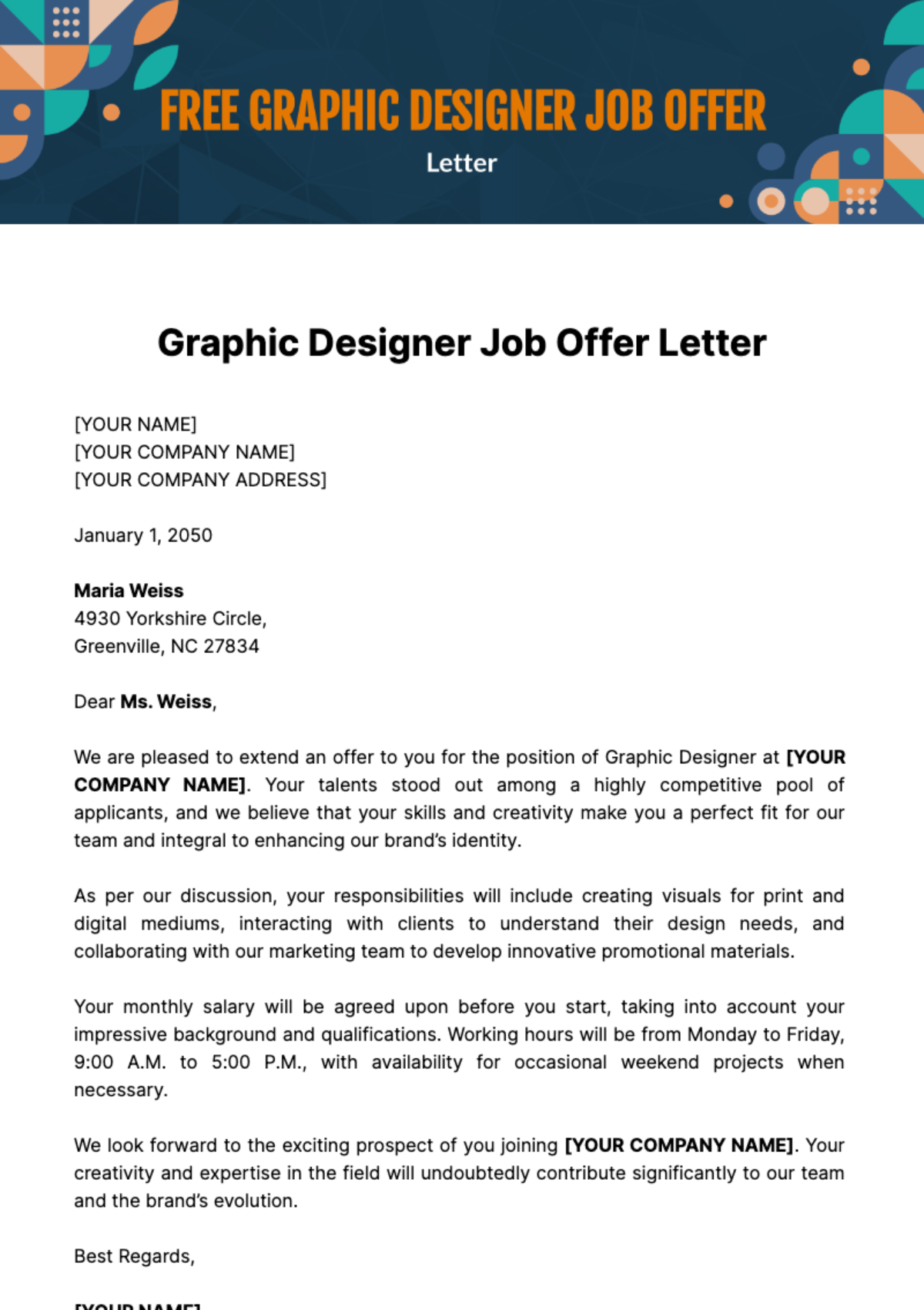Free Graphic Designer Job Offer Letter Template