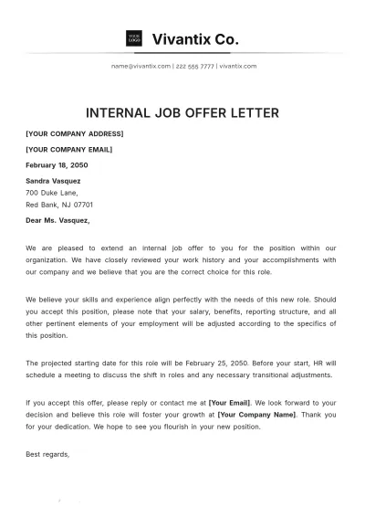Free Internal Job Offer Letter Template to Edit Online