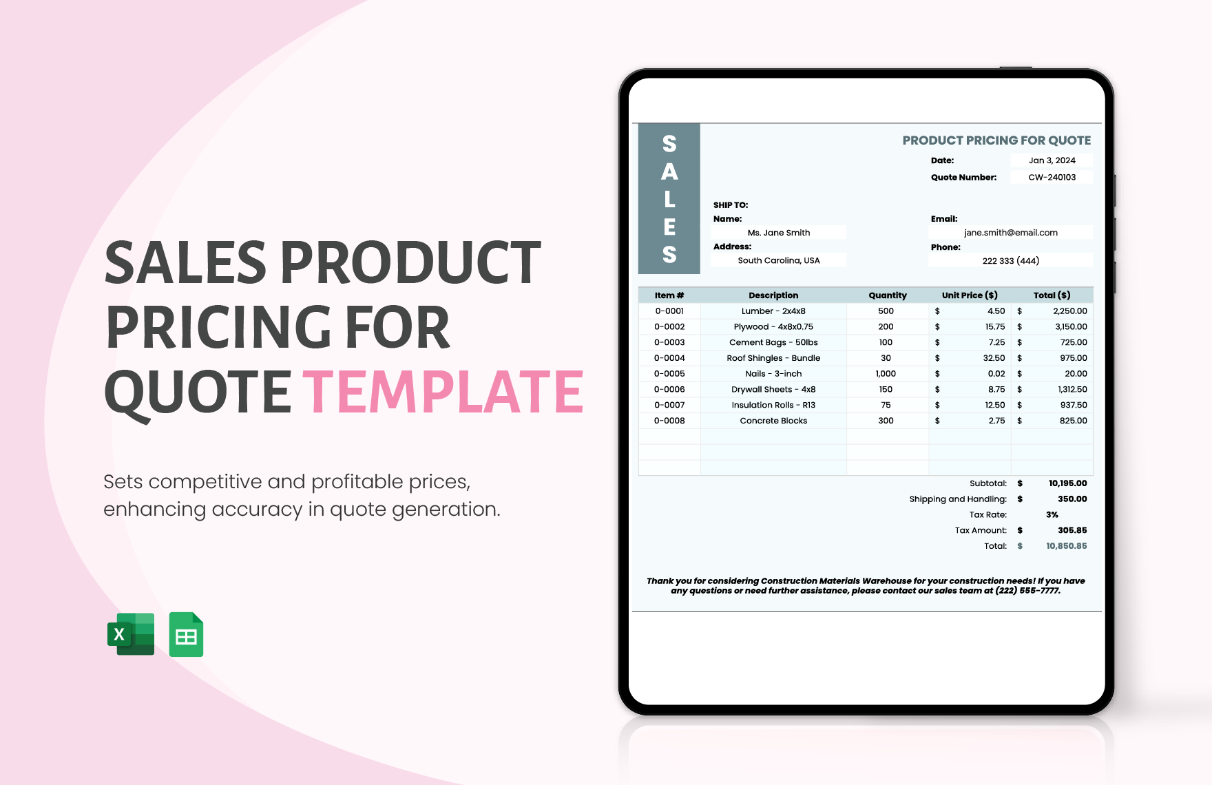 Sales Product Pricing for Quote Template