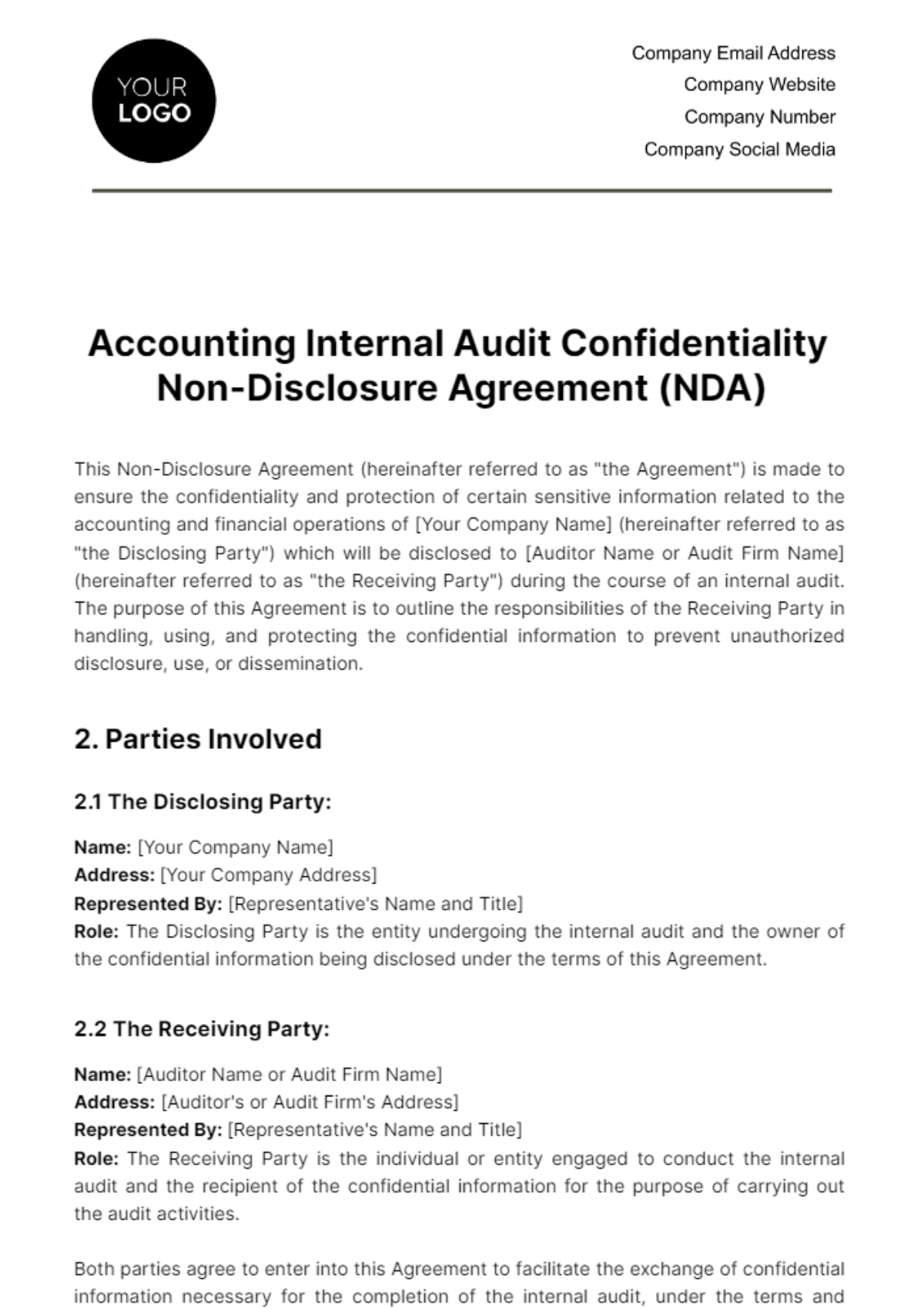 Accounting Internal Audit Confidentiality NDA  Template