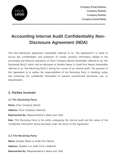 Free Accounting Internal Audit Confidentiality NDA  Template to Edit Online