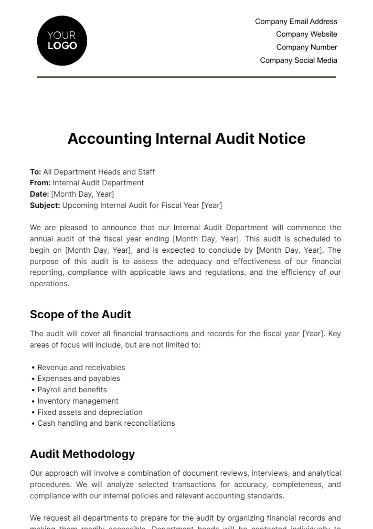 Accounting Internal Audit Notice Template