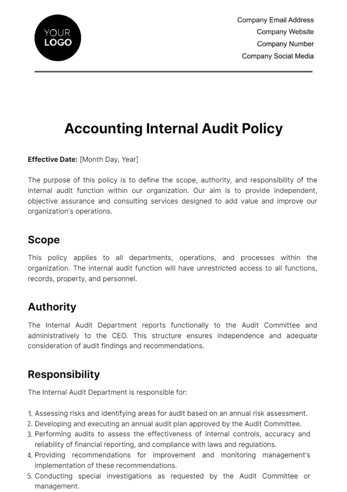 Accounting Internal Audit Policy Template - Edit Online & Download