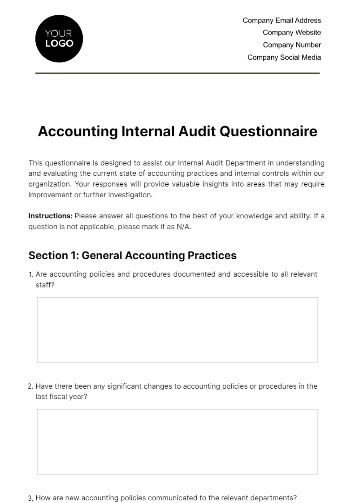 Accounting Internal Audit Questionnaire Template