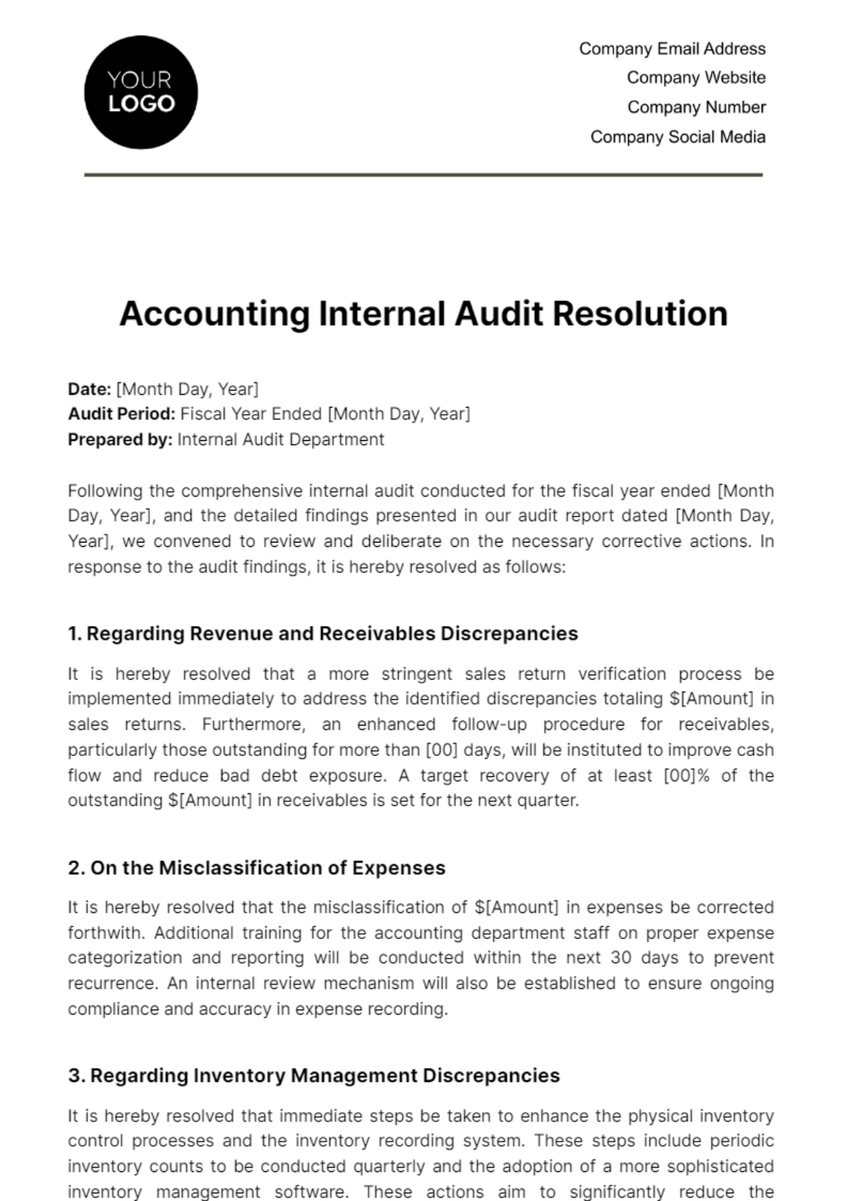 Accounting Internal Audit Resolution Template