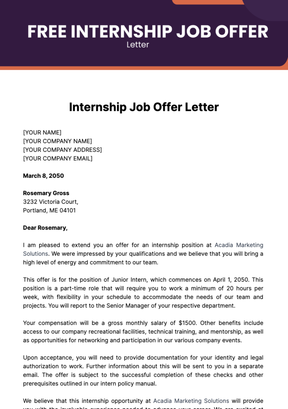 Free Internship Job Offer Letter Template