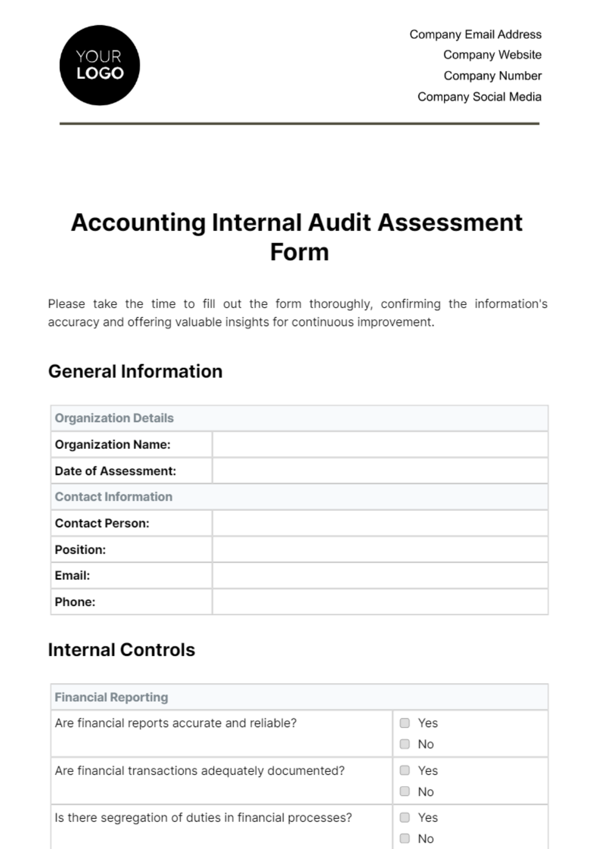 Accounting Internal Audit Assessment Form Template