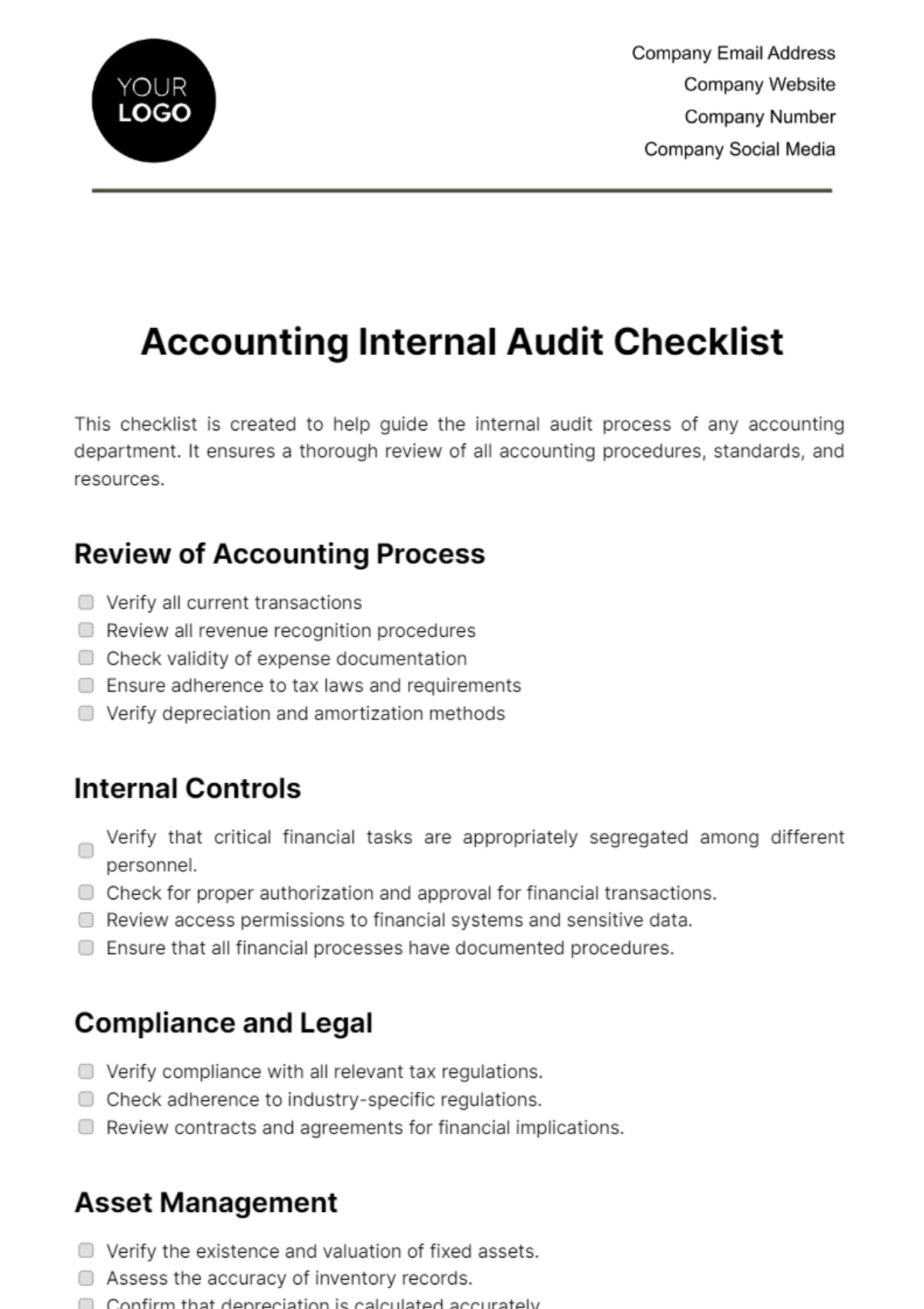 Accounting Internal Audit Checklist Template