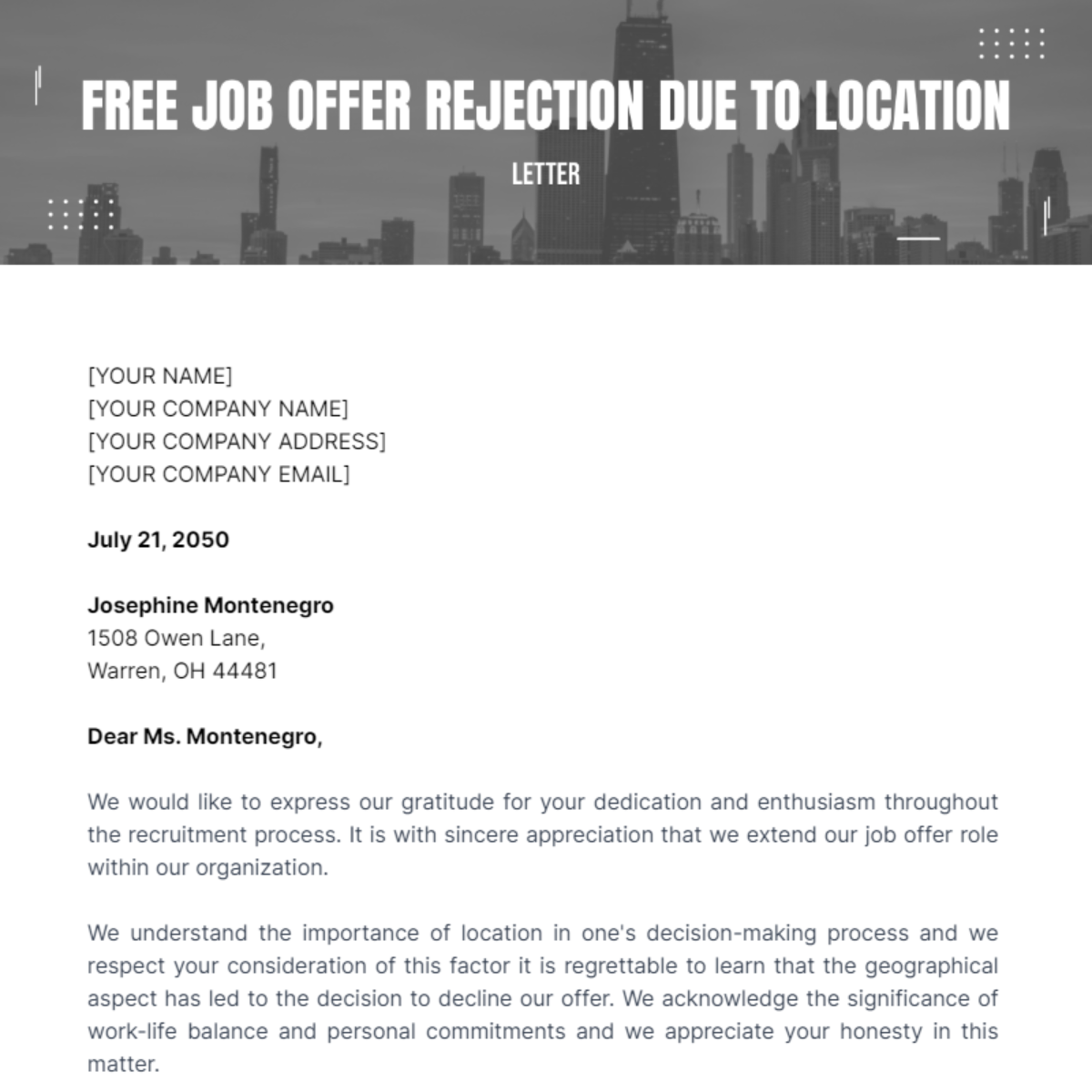 Job Offer Rejection Letter Due to Location Template