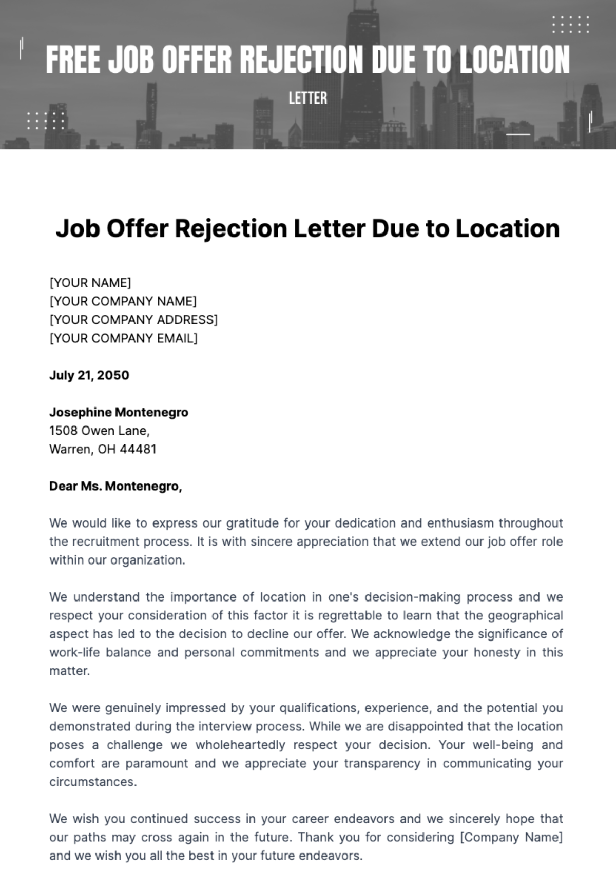 Free Job Offer Rejection Letter Due to Location Template