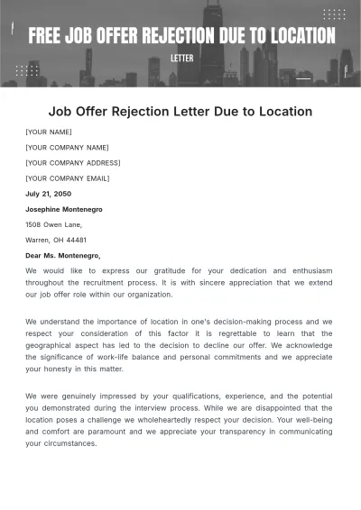 Free Job Offer Rejection Letter Due to Location Template to Edit Online