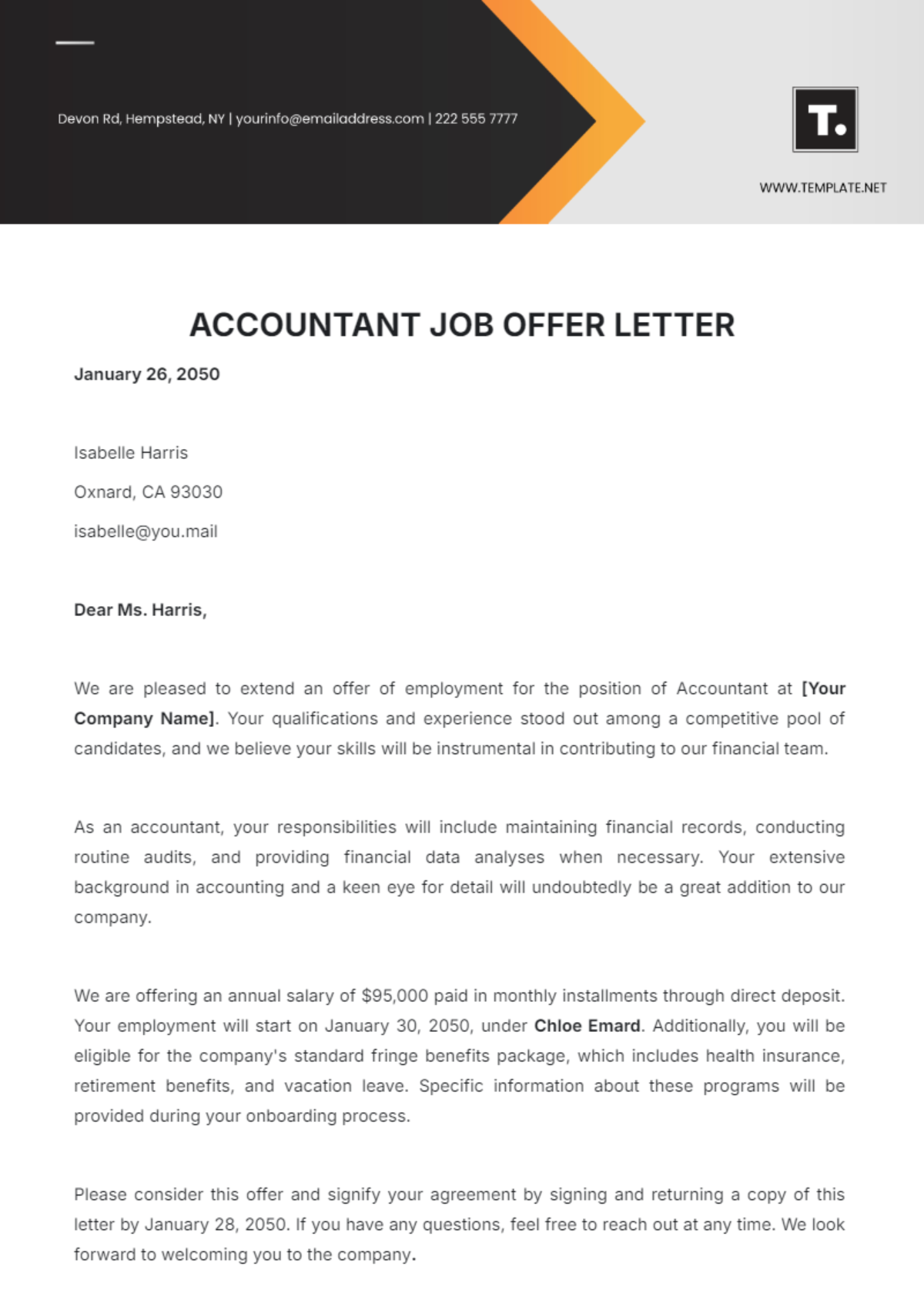 Accountant Job Offer Letter Template - Edit Online & Download