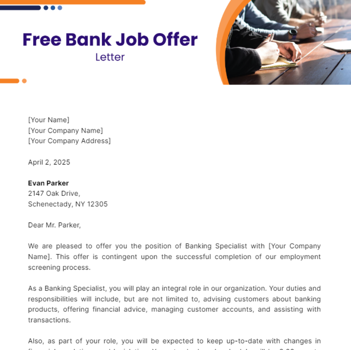 Bank Job Offer Letter Template