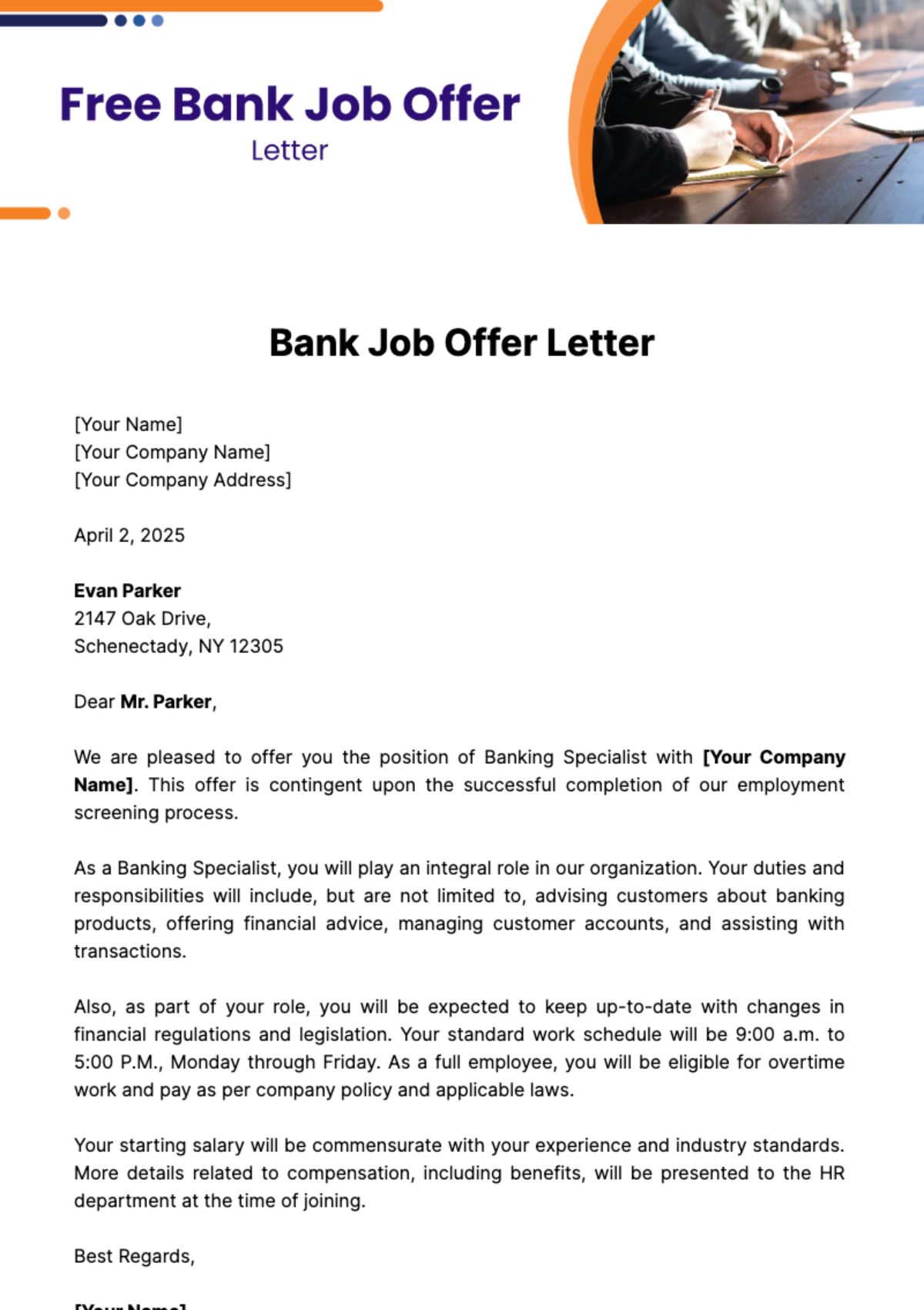 Free Bank Job Offer Letter Template