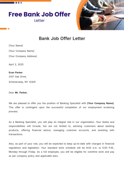 Free Bank Job Offer Letter Template to Edit Online