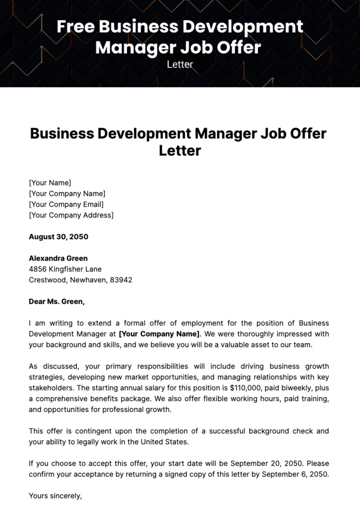 Free Business Development Manager Job Offer Letter Template
