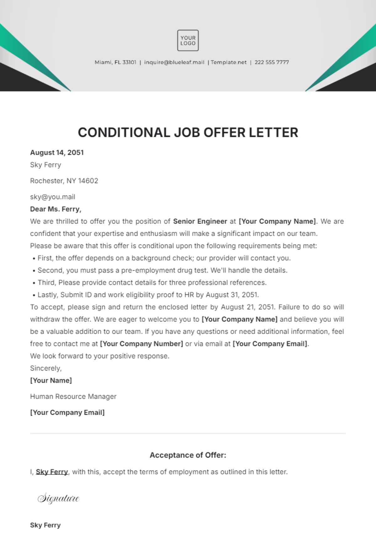 Conditional Job Offer Letter Template - Edit Online & Download