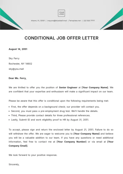 Free Conditional Job Offer Letter Template to Edit Online