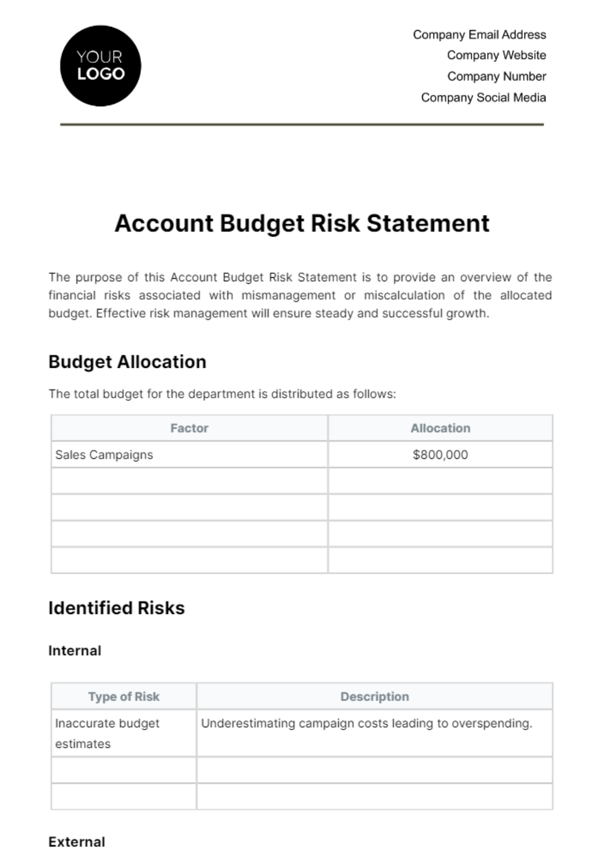 Free Account Budget Risk Statement Template