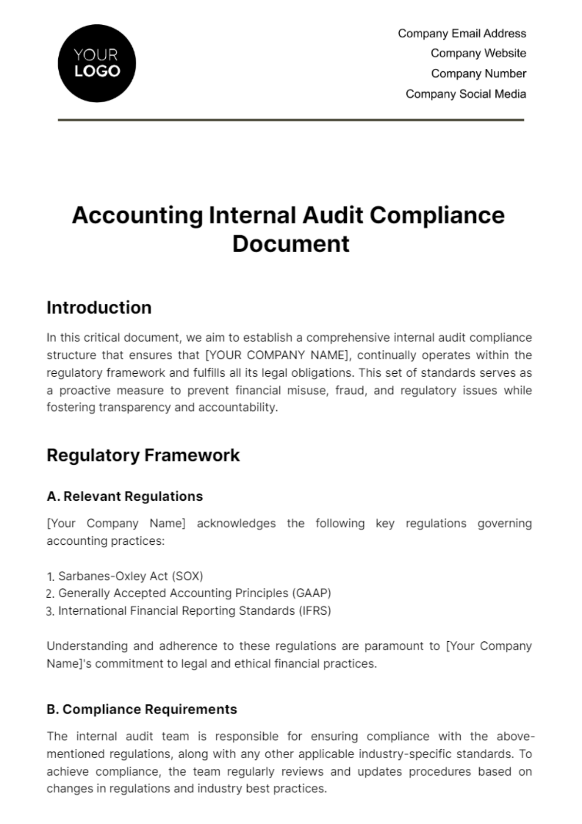 Accounting Internal Audit Compliance Document Template