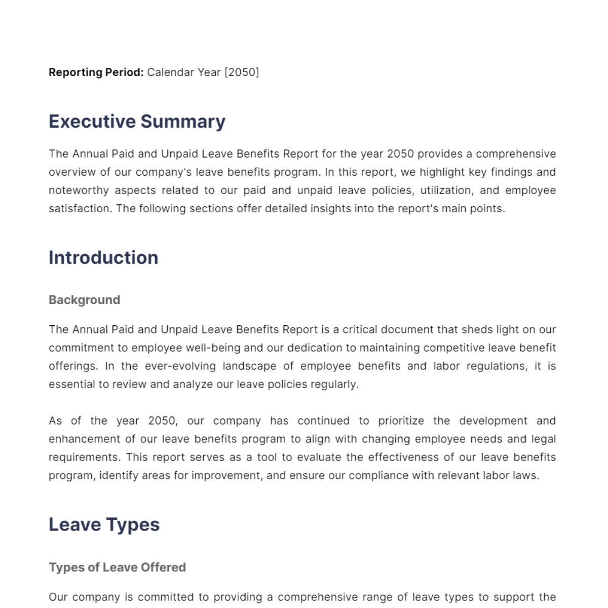 Free Annual Paid and Unpaid Leave Benefits Report HR Template