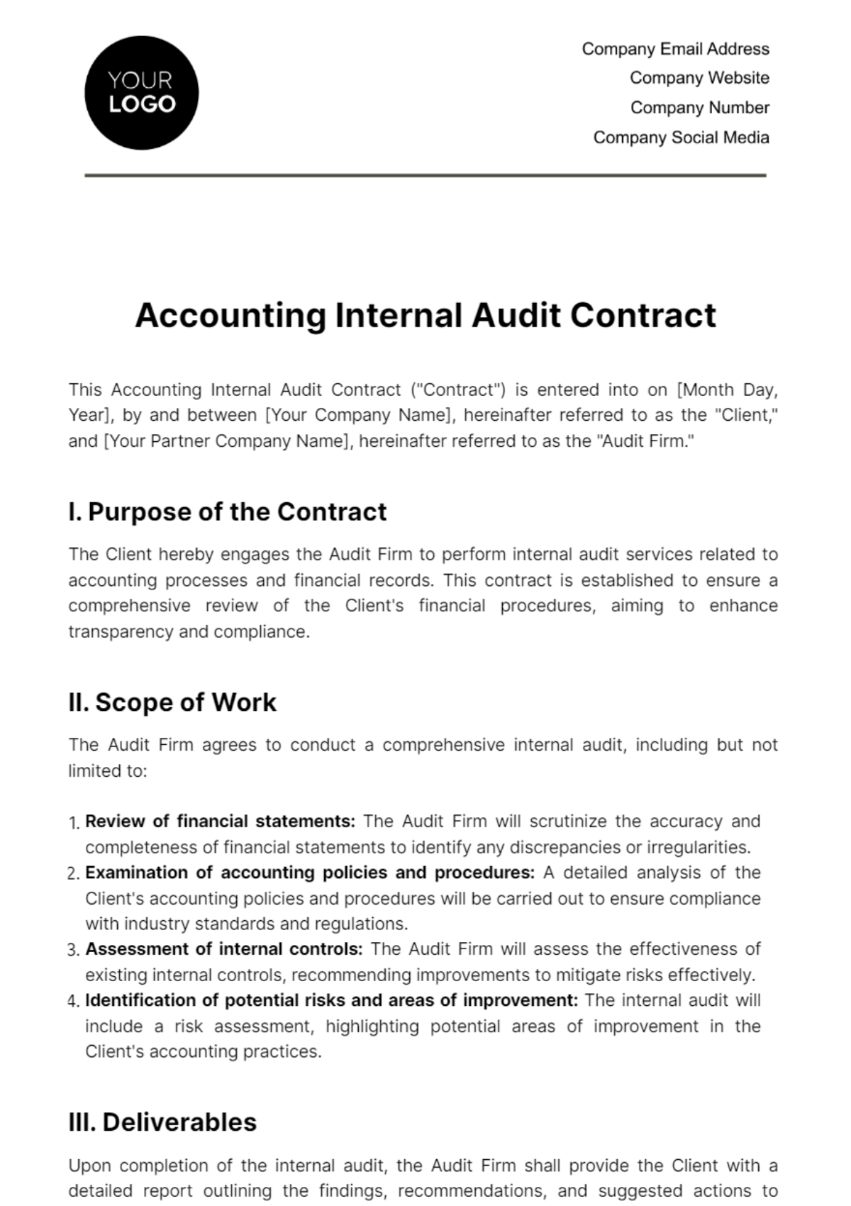 Accounting Internal Audit Contract Template