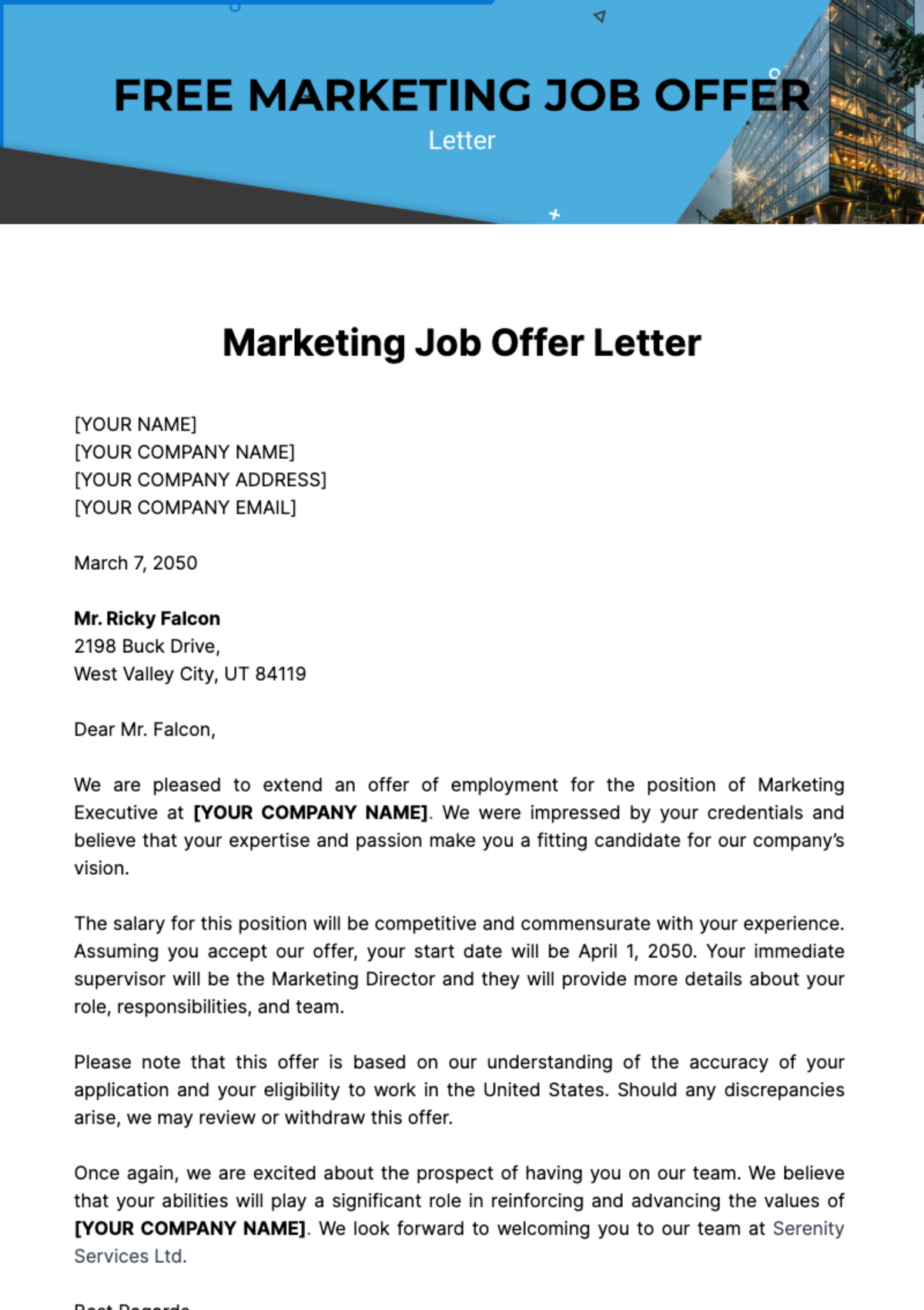 Free Marketing Job Offer Letter Template
