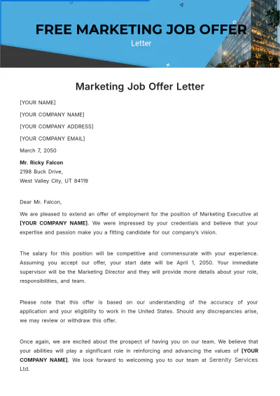 Free Marketing Job Offer Letter Template to Edit Online