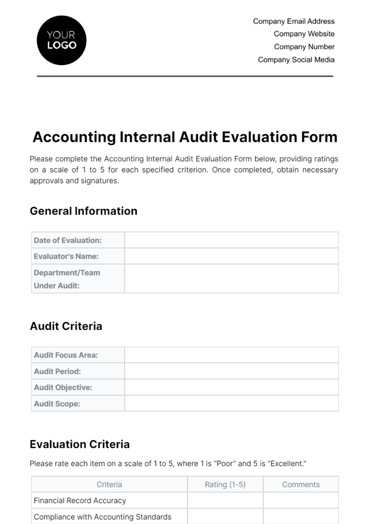 Accounting Internal Audit Evaluation Form Template
