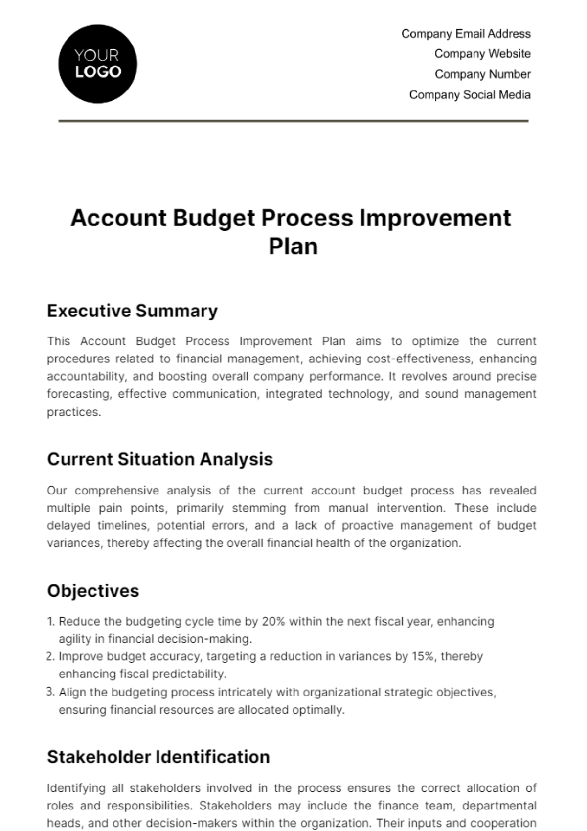 Free Account Budget Process Improvement Plan Template
