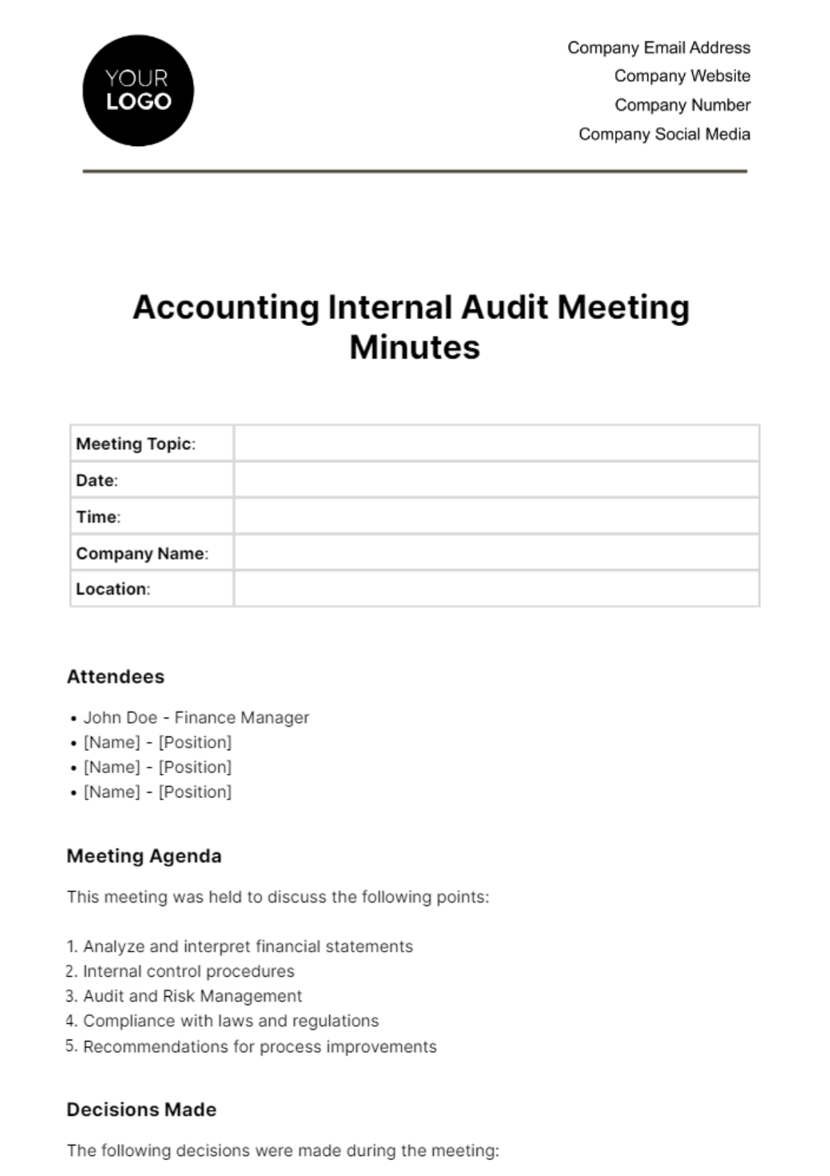 Accounting Internal Audit Meeting Minute Template