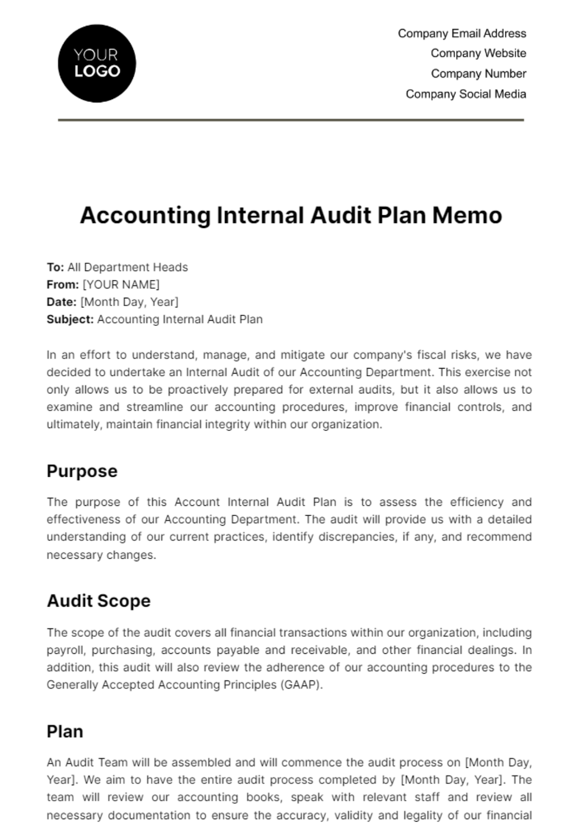 Free Accounting Internal Audit Plan Memo Template