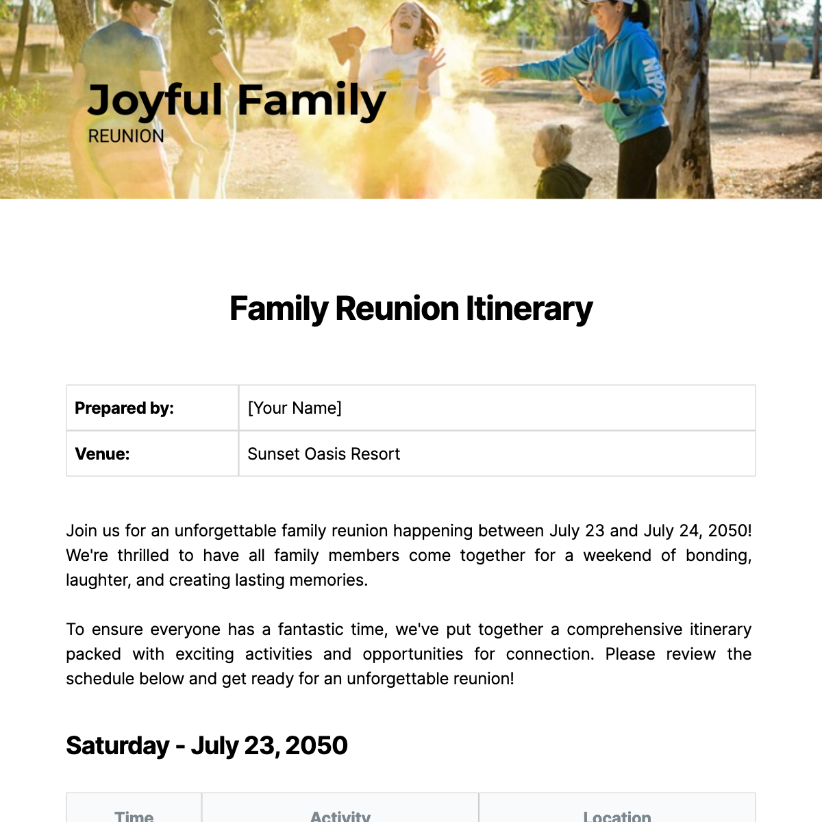 Family Reunion Itinerary Template - Edit Online & Download Example ...