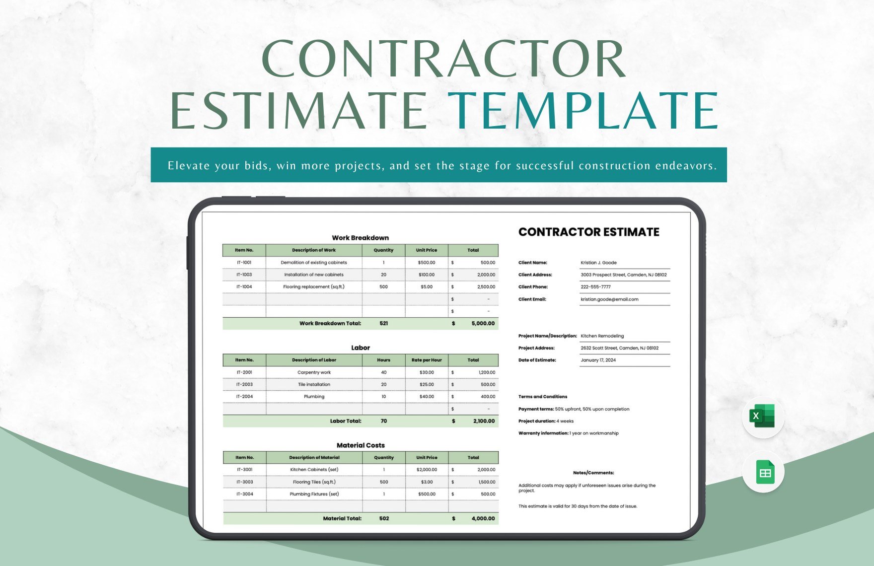 Free Contractor Estimate Template in Excel, Google Sheets