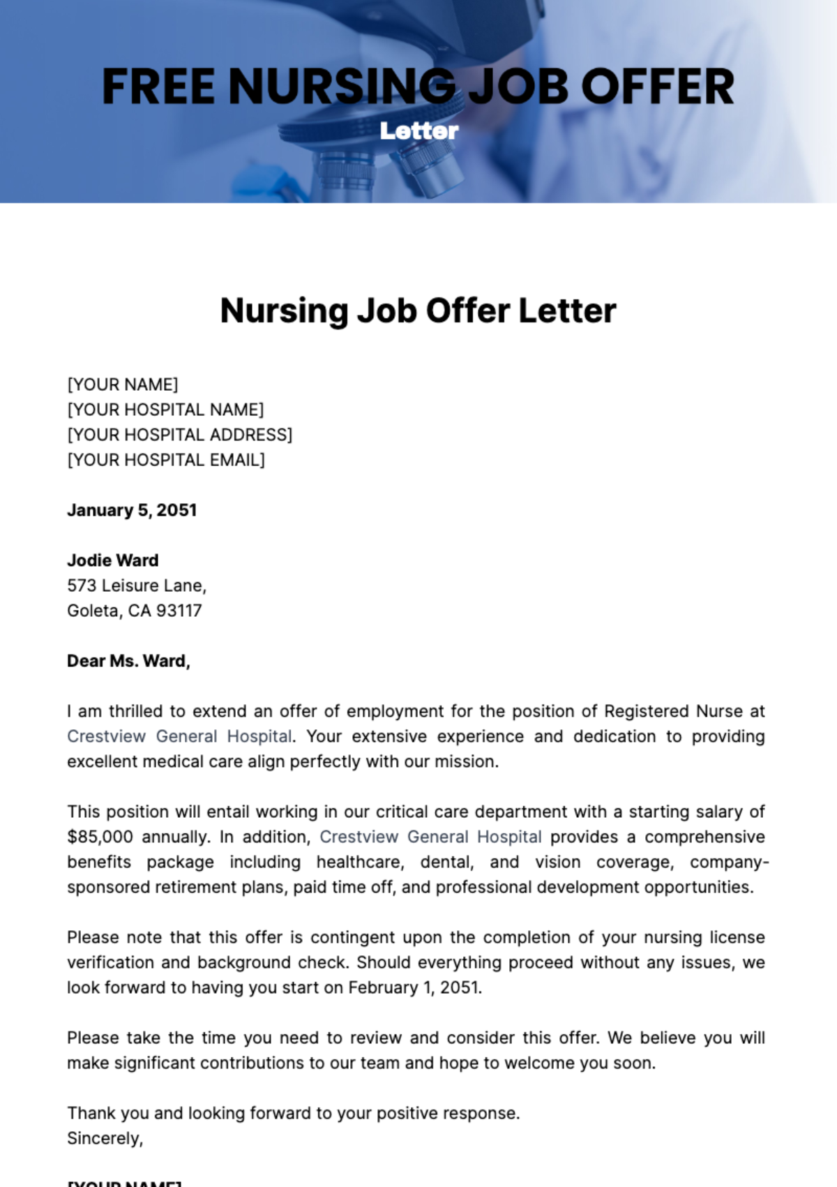 Free Nursing Job Offer Letter Template