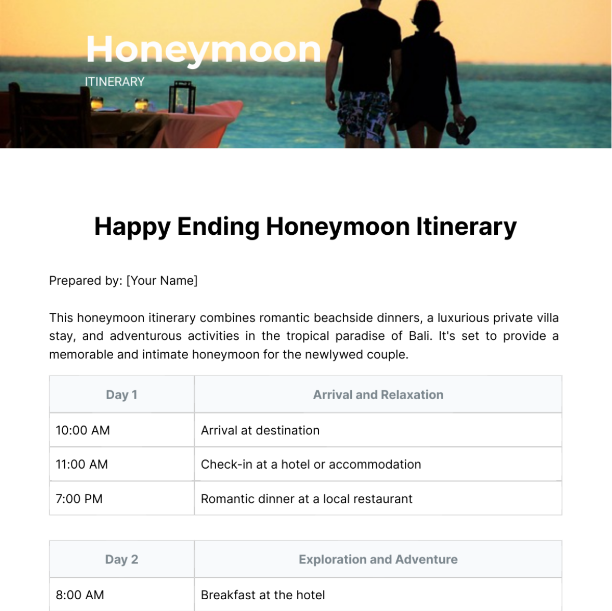 Honeymoon Itinerary Template