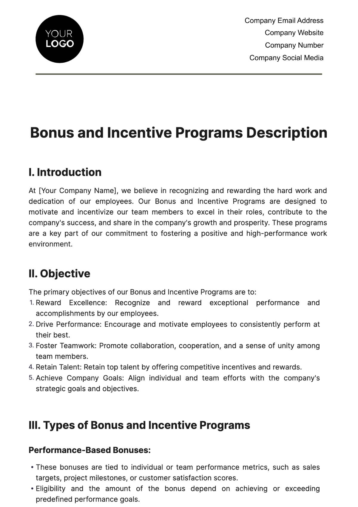 Bonus and Incentive Programs Description HR Template - Edit Online & Download