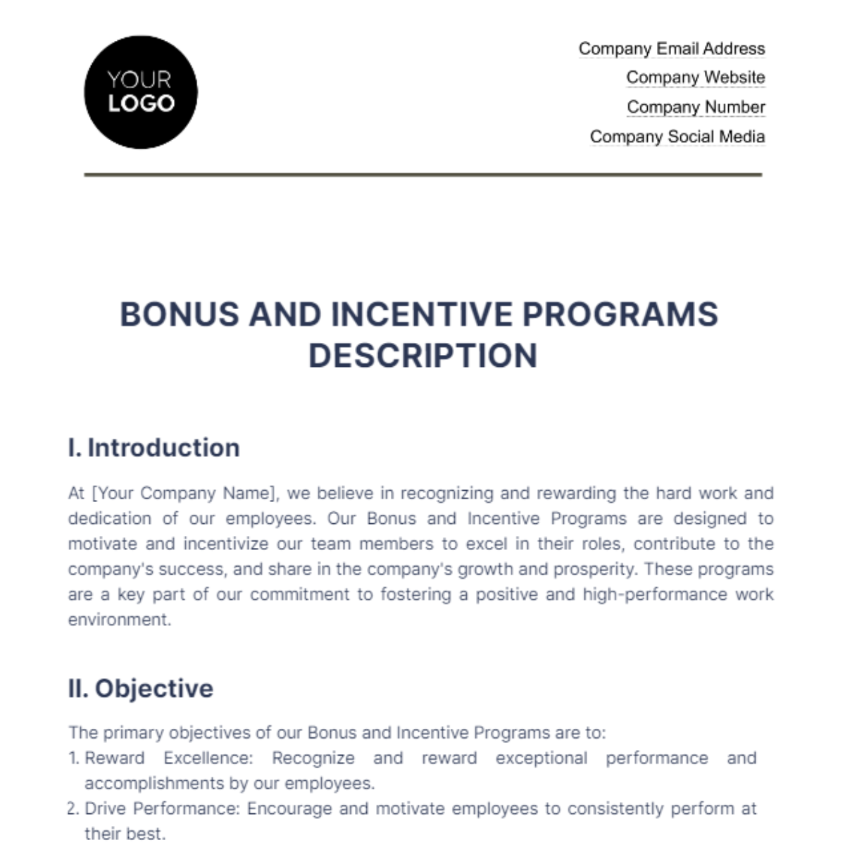 Bonus and Incentive Programs Description HR Template