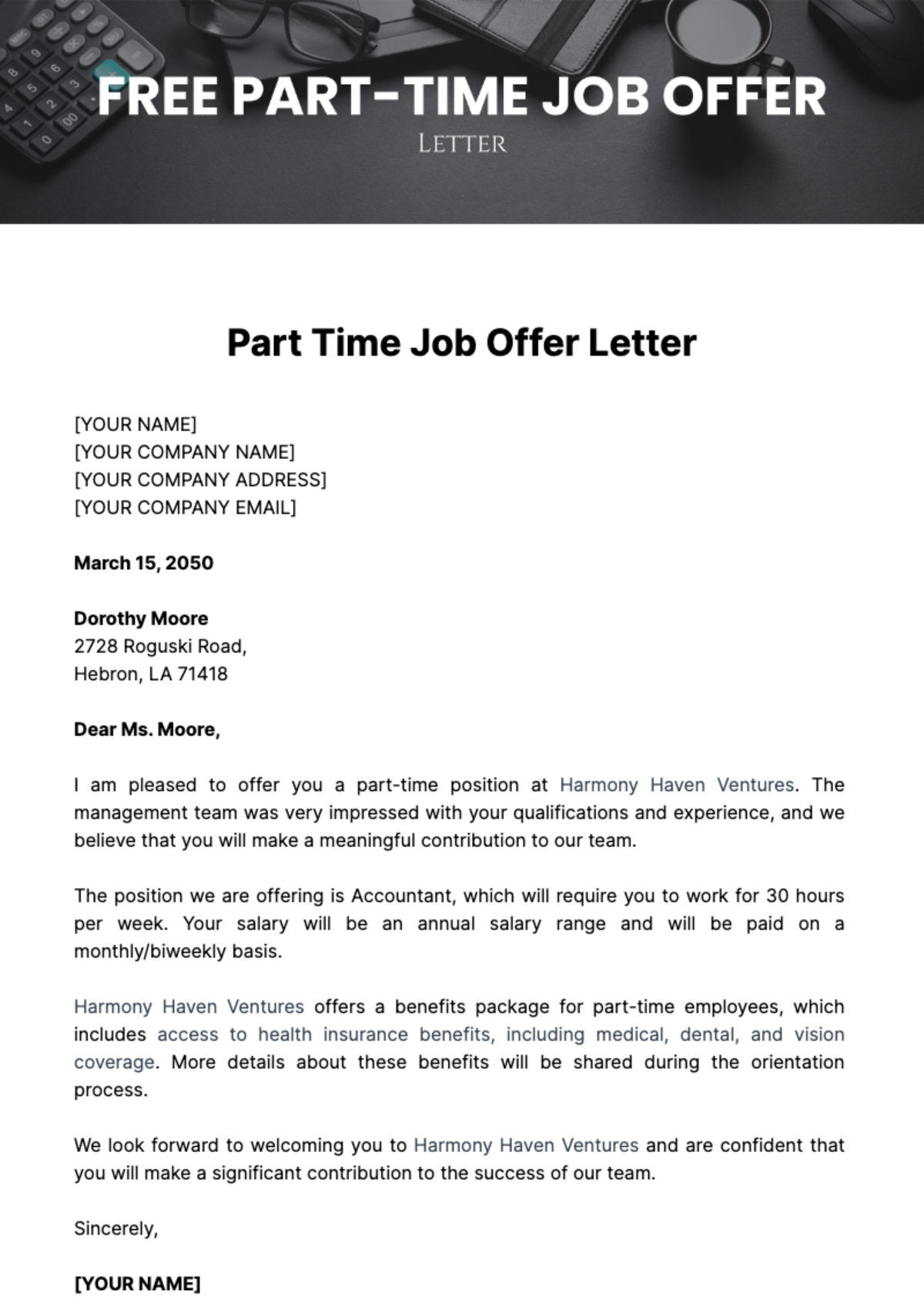 Free Part Time Job Offer Letter Template