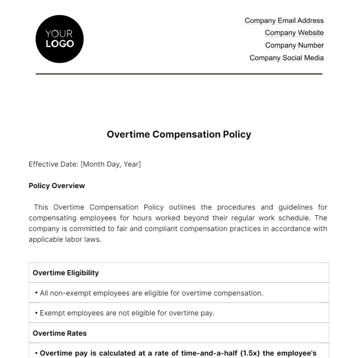 Overtime Compensation Policy HR Template