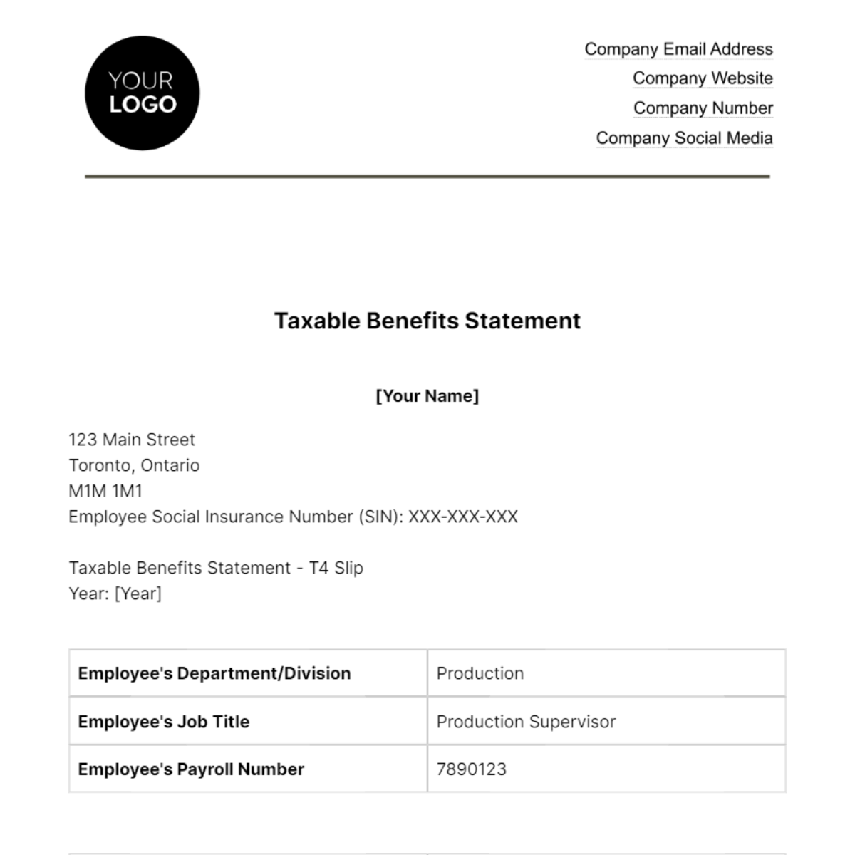 Taxable Benefits Statement HR Template