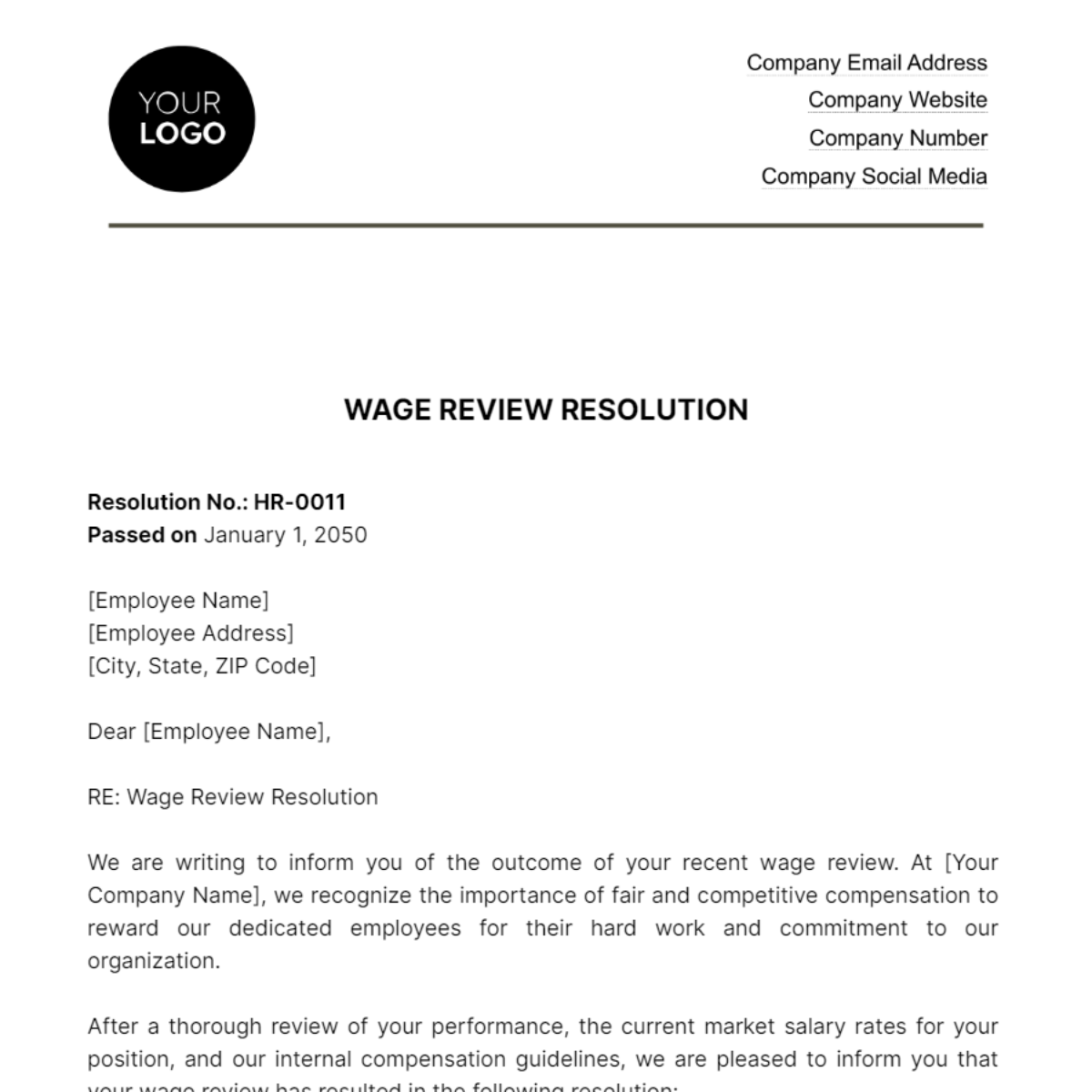 Wage Review Resolution HR Template