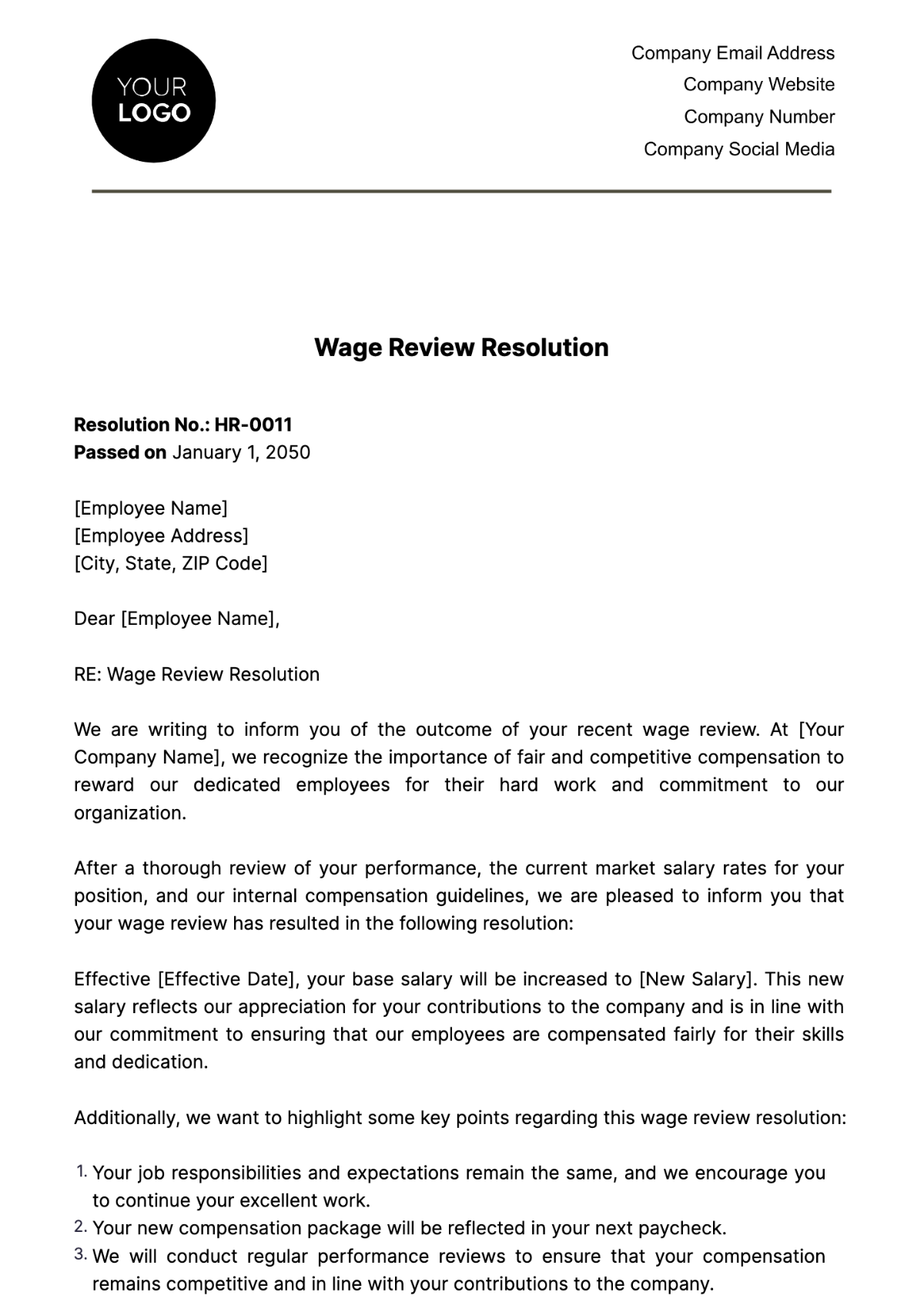 Wage Review Resolution HR Template - Edit Online & Download