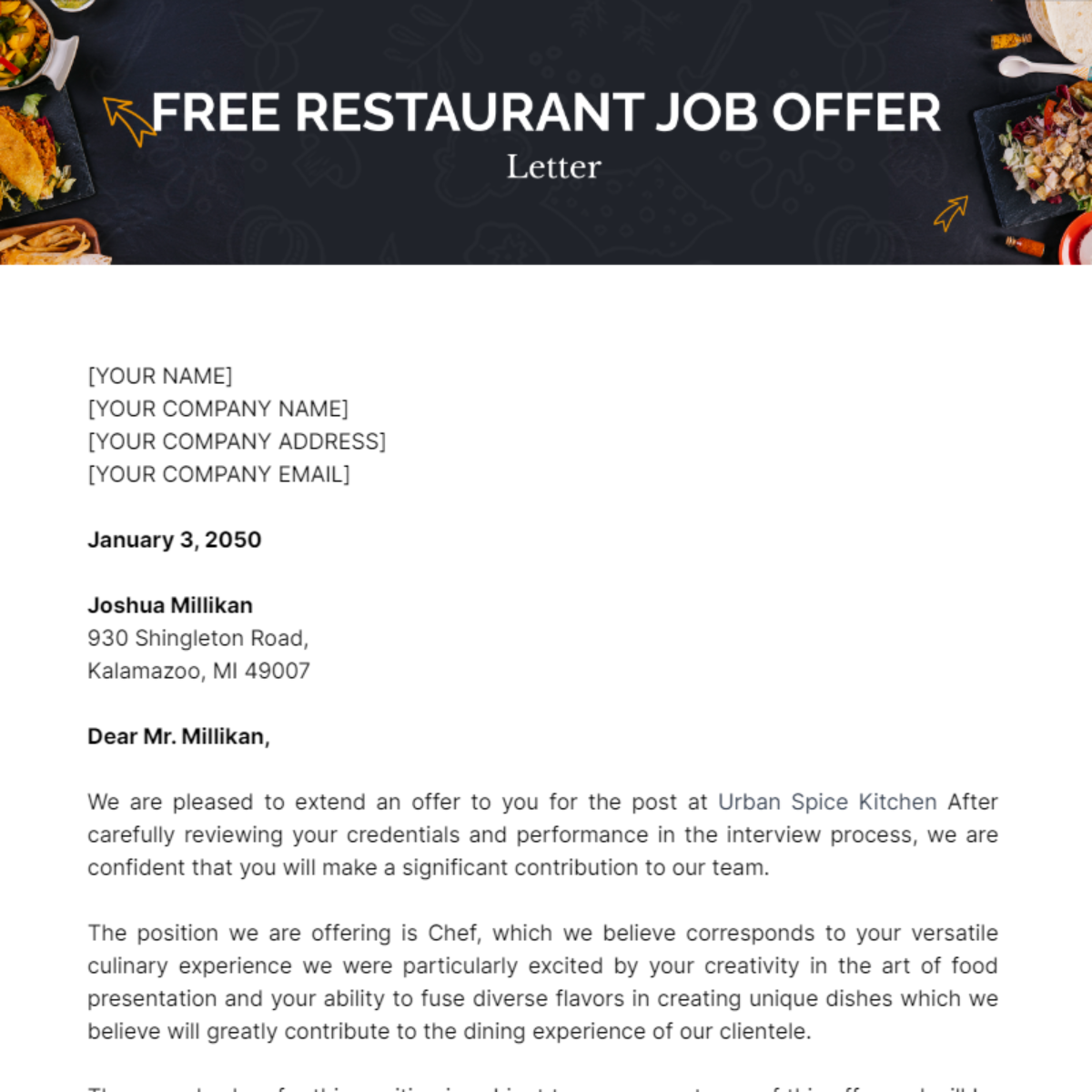 Restaurant Job Offer Letter Template