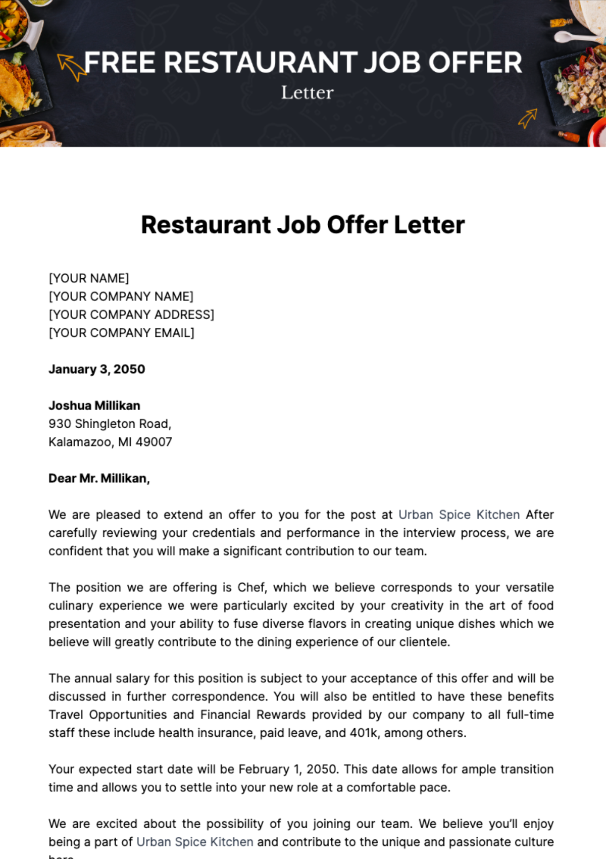 Free Restaurant Job Offer Letter Template