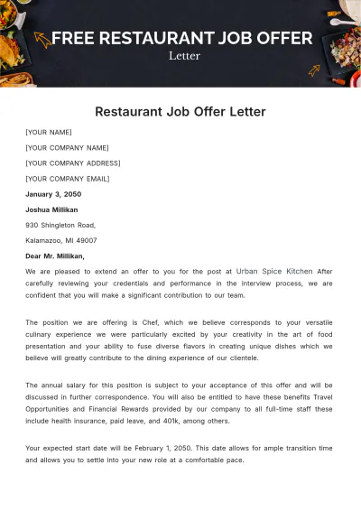 Free Restaurant Job Offer Letter Template to Edit Online